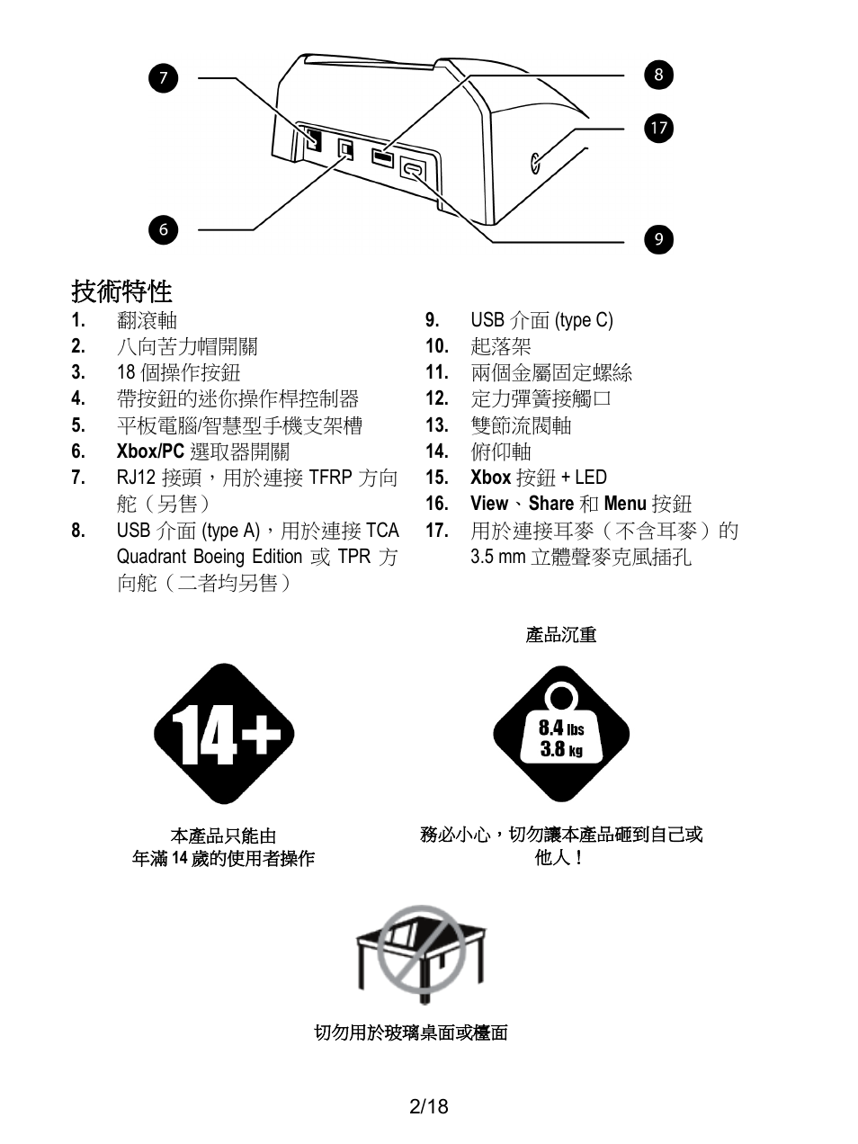 技術特性 | Thrustmaster TCA Yoke Boeing Edition Flight Stick User Manual | Page 243 / 415