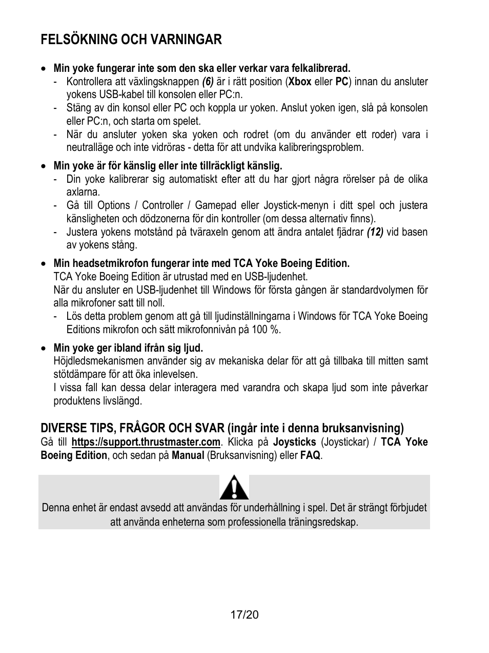 Felsökning och varningar | Thrustmaster TCA Yoke Boeing Edition Flight Stick User Manual | Page 314 / 415