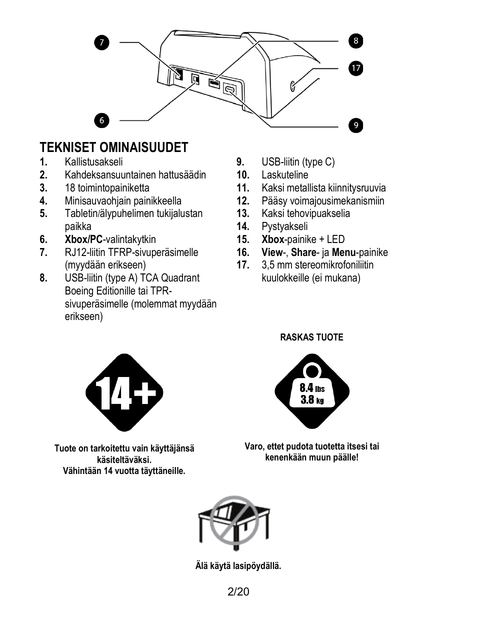 Tekniset ominaisuudet | Thrustmaster TCA Yoke Boeing Edition Flight Stick User Manual | Page 319 / 415