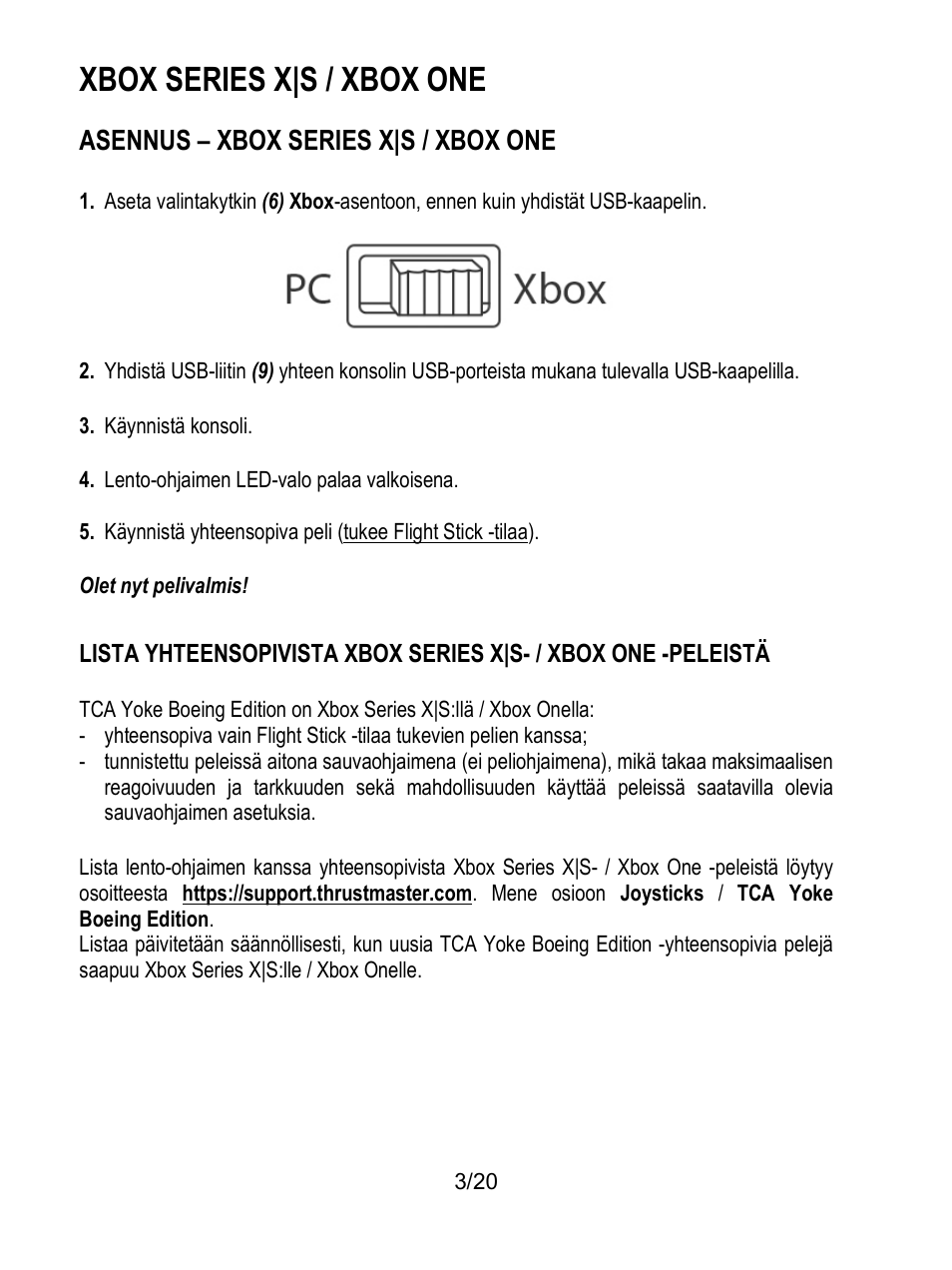 Xbox series x|s / xbox one, Asennus – xbox series x|s / xbox one | Thrustmaster TCA Yoke Boeing Edition Flight Stick User Manual | Page 320 / 415