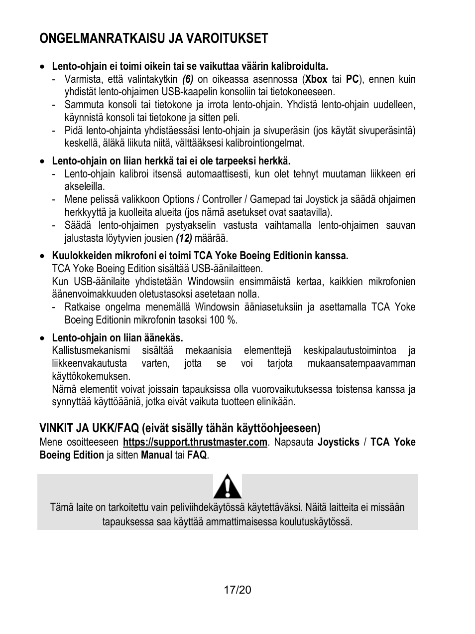 Ongelmanratkaisu ja varoitukset | Thrustmaster TCA Yoke Boeing Edition Flight Stick User Manual | Page 334 / 415