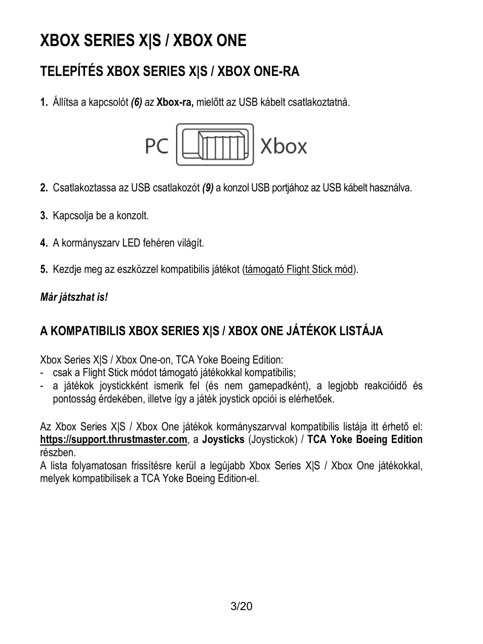 Xbox series x|s / xbox one, Telepítés xbox series x|s / xbox one-ra | Thrustmaster TCA Yoke Boeing Edition Flight Stick User Manual | Page 360 / 415