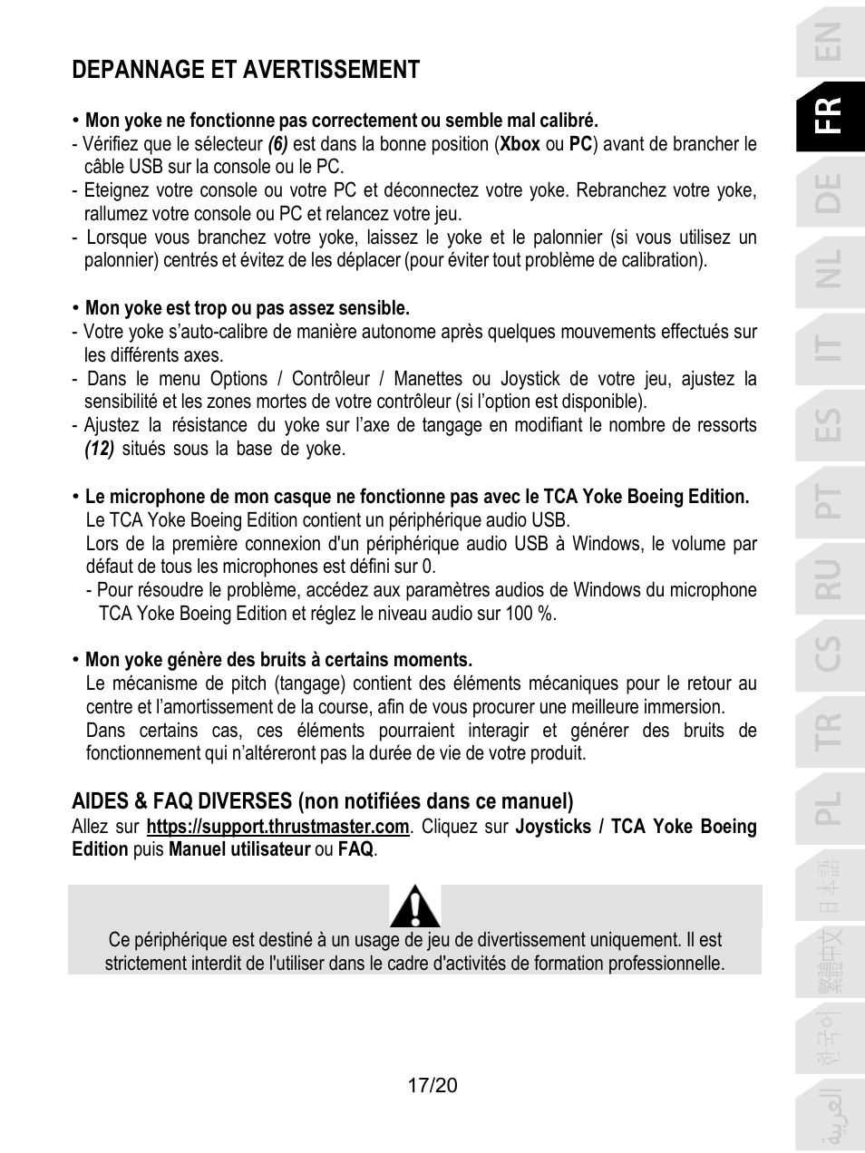 Depannage et avertissement | Thrustmaster TCA Yoke Boeing Edition Flight Stick User Manual | Page 38 / 415