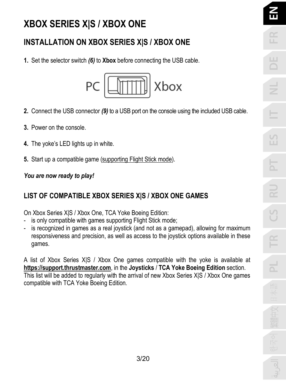 Xbox series x|s / xbox one, Installation on xbox series x|s / xbox one | Thrustmaster TCA Yoke Boeing Edition Flight Stick User Manual | Page 4 / 415