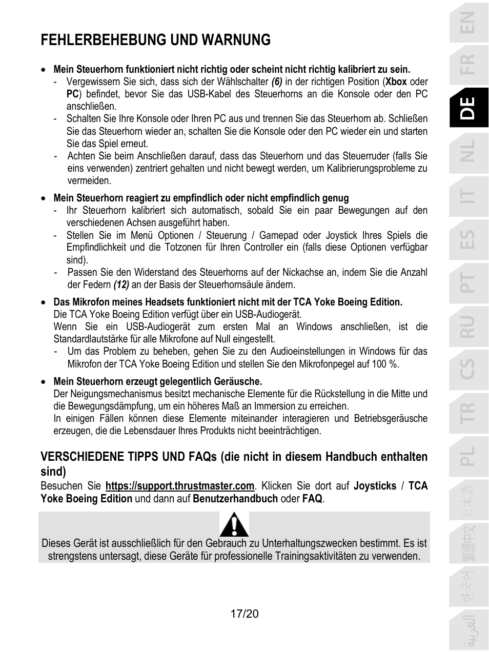 Fehlerbehebung und warnung | Thrustmaster TCA Yoke Boeing Edition Flight Stick User Manual | Page 58 / 415