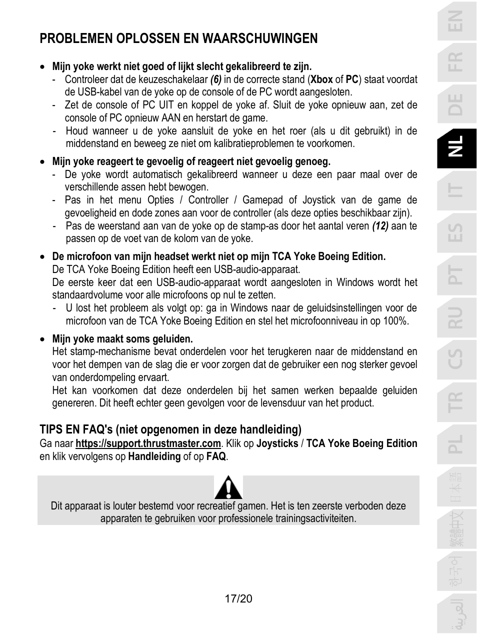 Problemen oplossen en waarschuwingen | Thrustmaster TCA Yoke Boeing Edition Flight Stick User Manual | Page 78 / 415