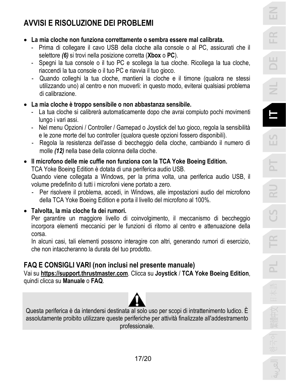 Avvisi e risoluzione dei problemi | Thrustmaster TCA Yoke Boeing Edition Flight Stick User Manual | Page 98 / 415