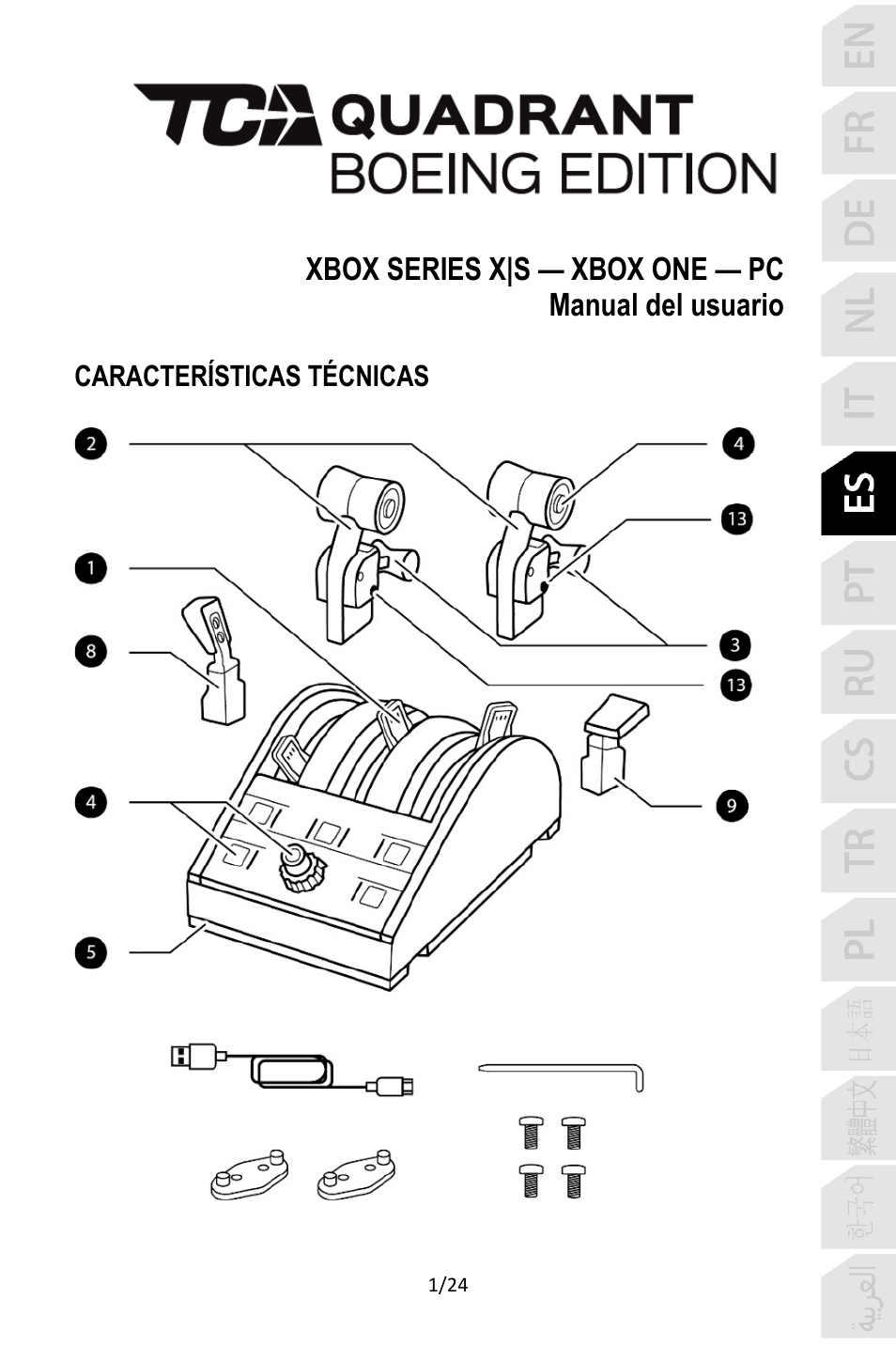 06_esp_tca_quadrant_boeing_edition, Español | Thrustmaster TCA Yoke Pack Boeing Edition Flight Stick & Quadrant Bundle User Manual | Page 122 / 499