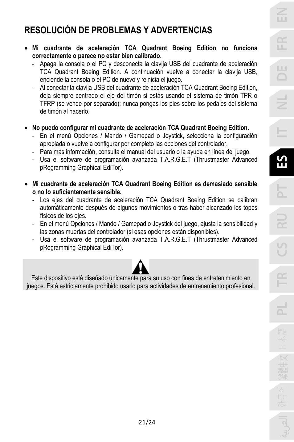 Resolución de problemas y advertencias | Thrustmaster TCA Yoke Pack Boeing Edition Flight Stick & Quadrant Bundle User Manual | Page 142 / 499