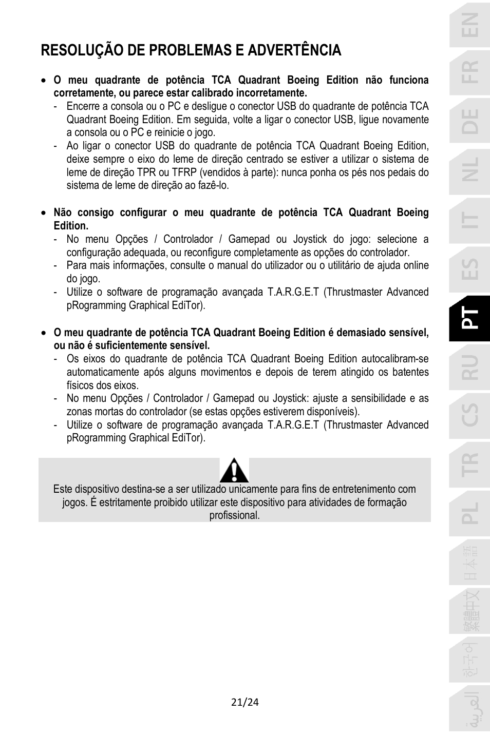 Resolução de problemas e advertência | Thrustmaster TCA Yoke Pack Boeing Edition Flight Stick & Quadrant Bundle User Manual | Page 166 / 499