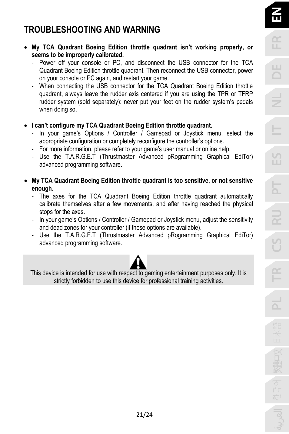 Troubleshooting and warning | Thrustmaster TCA Yoke Pack Boeing Edition Flight Stick & Quadrant Bundle User Manual | Page 22 / 499