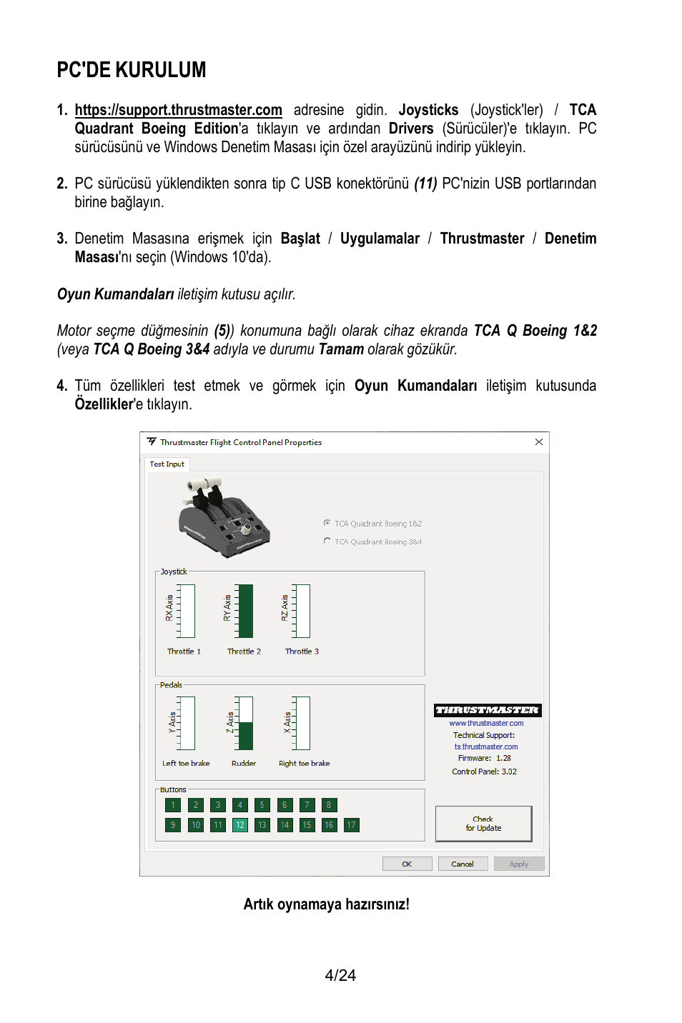 Pc'de, Kurulum | Thrustmaster TCA Yoke Pack Boeing Edition Flight Stick & Quadrant Bundle User Manual | Page 221 / 499