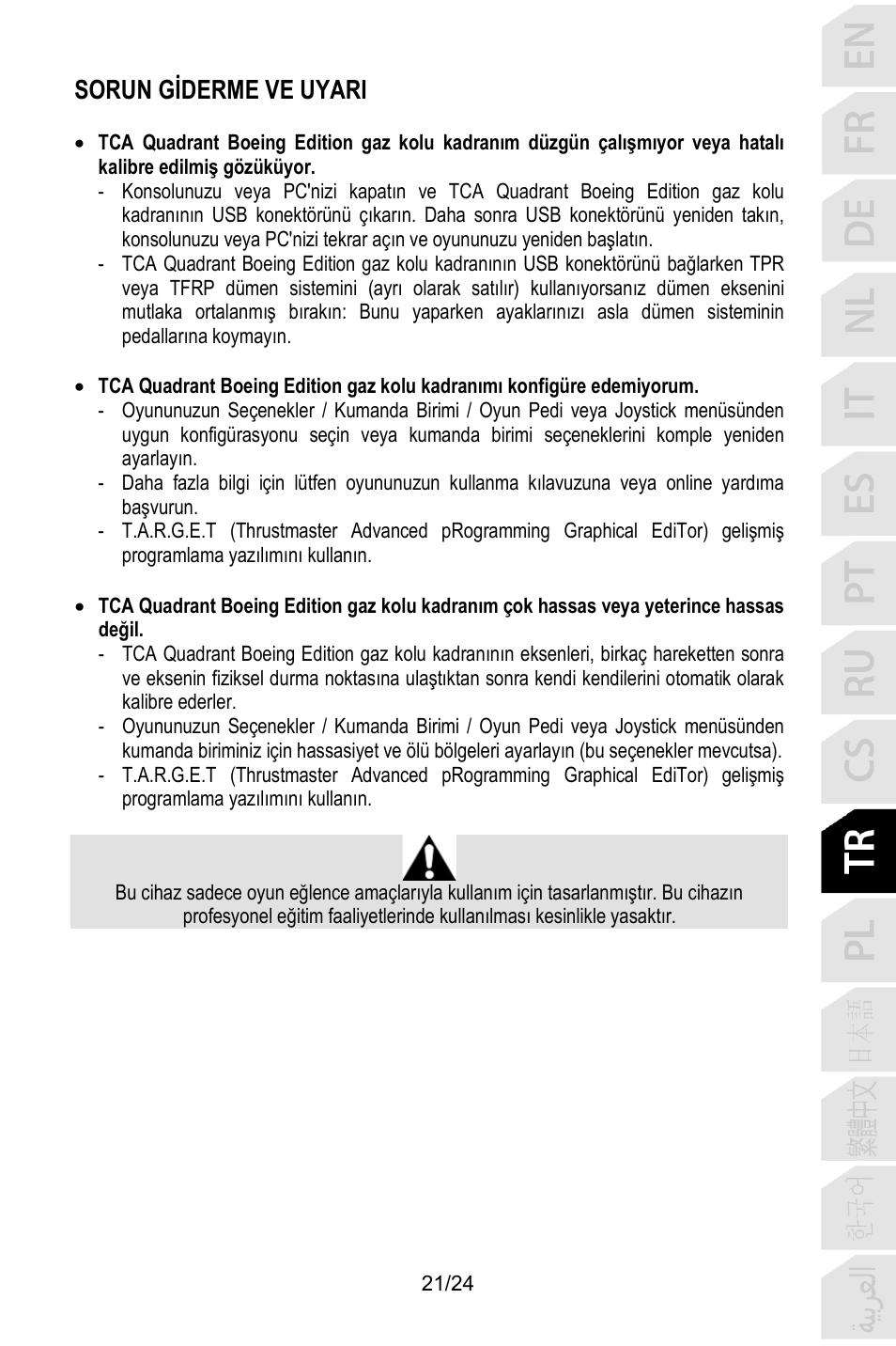 Sorun gi̇derme ve uyari | Thrustmaster TCA Yoke Pack Boeing Edition Flight Stick & Quadrant Bundle User Manual | Page 238 / 499