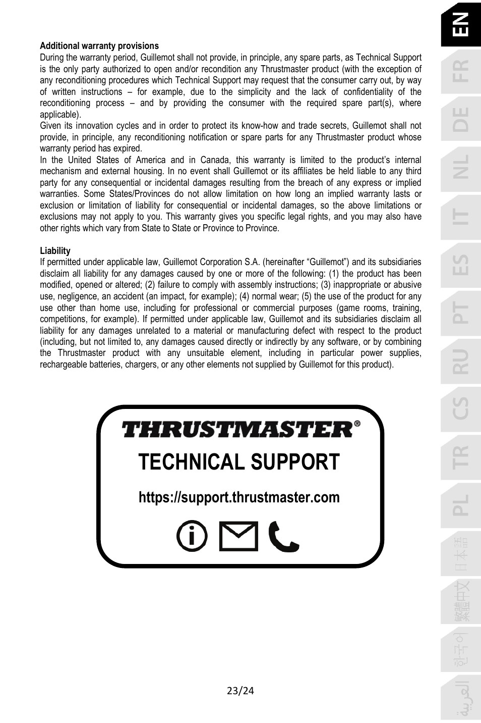 Technical support | Thrustmaster TCA Yoke Pack Boeing Edition Flight Stick & Quadrant Bundle User Manual | Page 24 / 499