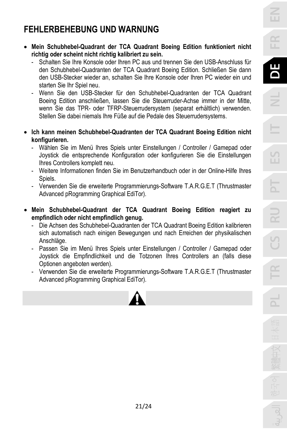 Fehlerbehebung und warnung | Thrustmaster TCA Yoke Pack Boeing Edition Flight Stick & Quadrant Bundle User Manual | Page 70 / 499