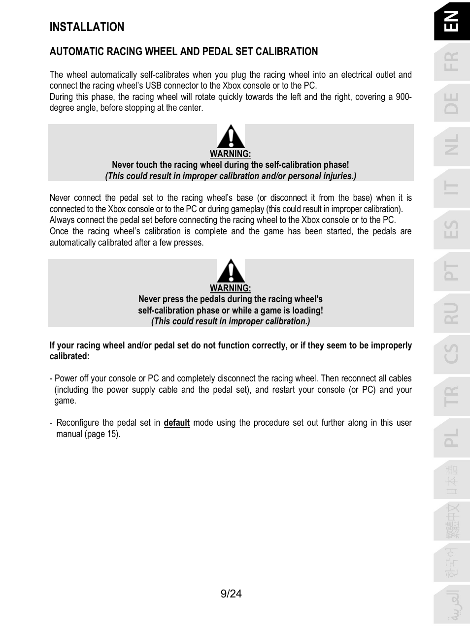 Installation, Automatic racing wheel and pedal set calibration | Thrustmaster T128 Racing Wheel and Pedal Set for Xbox Series X/S & PC User Manual | Page 10 / 523