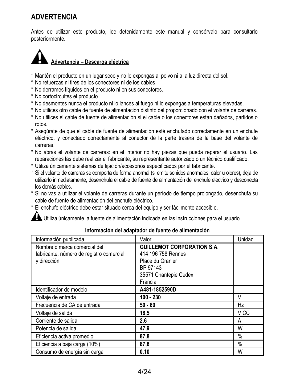 Advertencia | Thrustmaster T128 Racing Wheel and Pedal Set for Xbox Series X/S & PC User Manual | Page 125 / 523