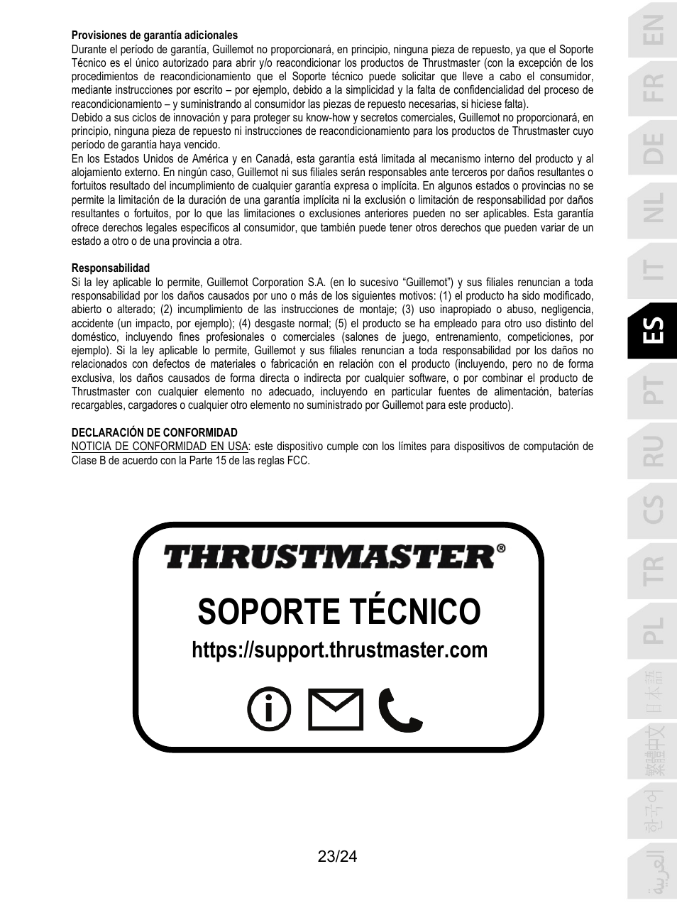 Soporte técnico | Thrustmaster T128 Racing Wheel and Pedal Set for Xbox Series X/S & PC User Manual | Page 144 / 523