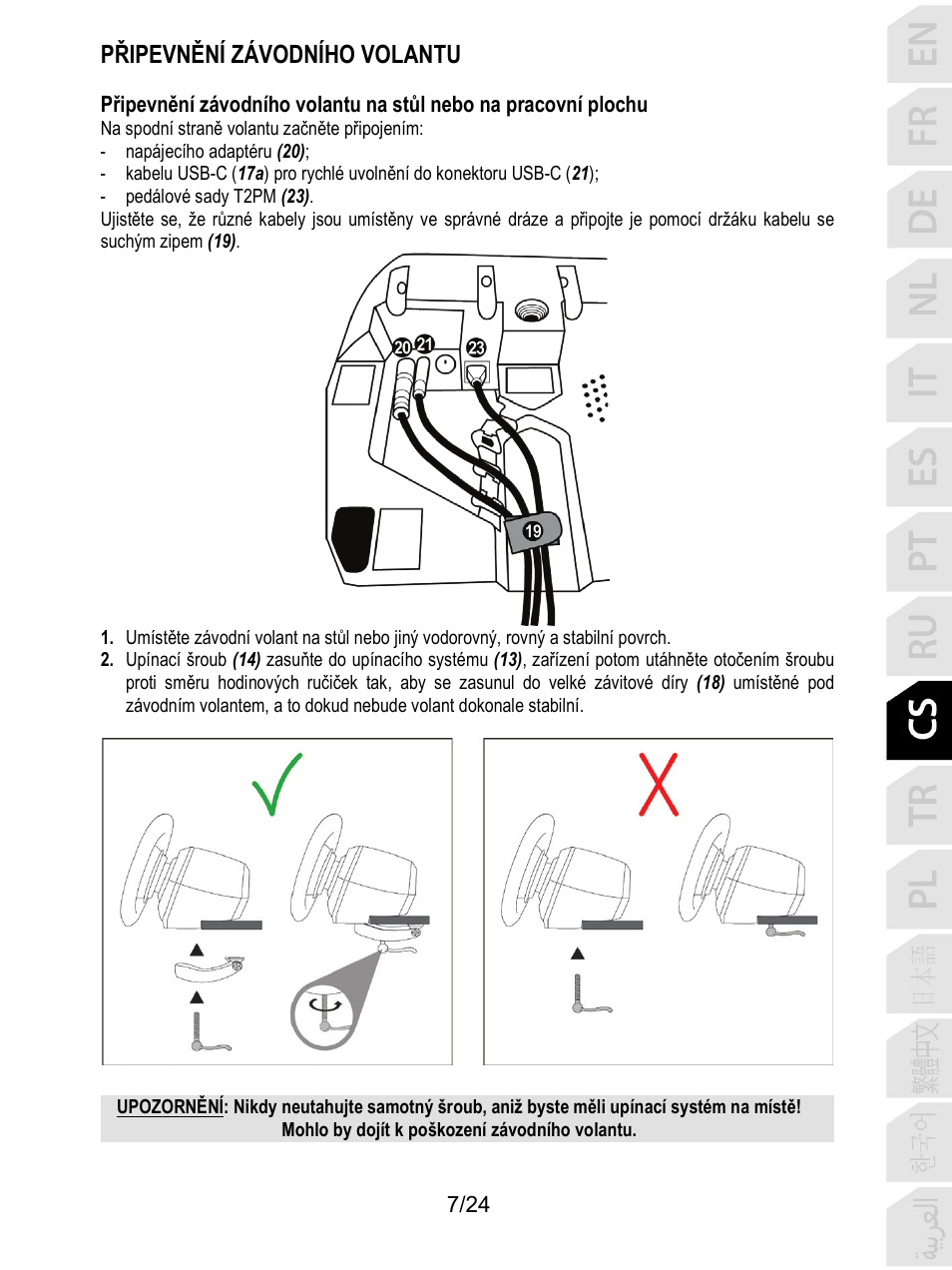 Napájecího adaptéru (20), Pedálové sady t2pm (23), Při pe vnění závodního volantu | Thrustmaster T128 Racing Wheel and Pedal Set for Xbox Series X/S & PC User Manual | Page 224 / 523