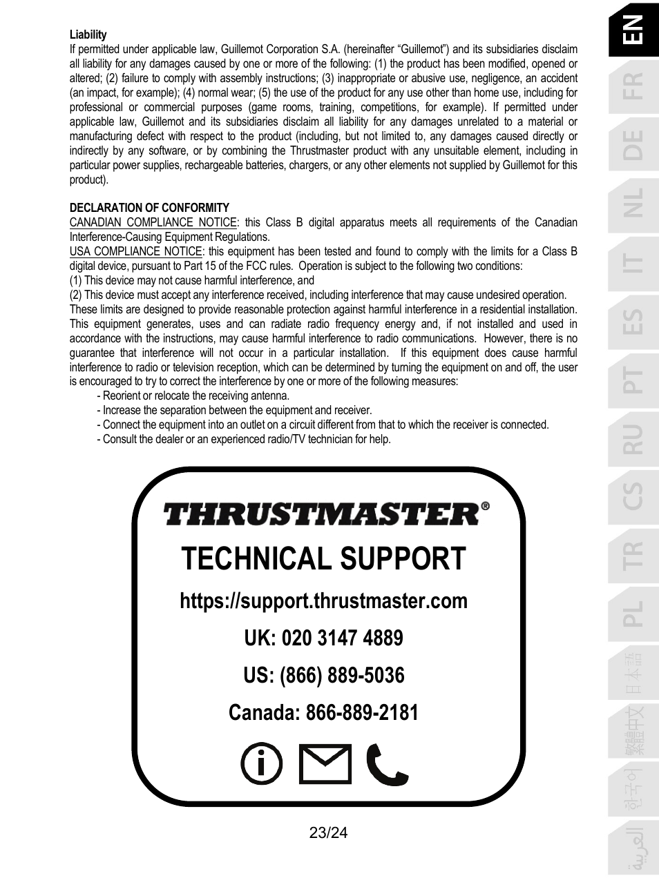 Technical support | Thrustmaster T128 Racing Wheel and Pedal Set for Xbox Series X/S & PC User Manual | Page 24 / 523