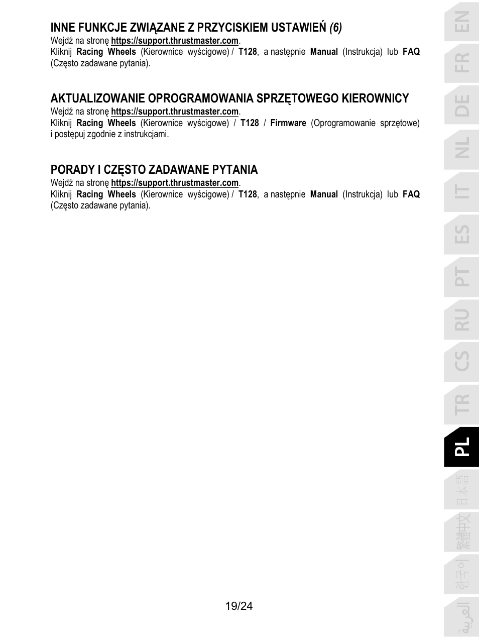 Inne funkcje związane z przyciskiem ustawień (6), Porady i często zadawane pytania | Thrustmaster T128 Racing Wheel and Pedal Set for Xbox Series X/S & PC User Manual | Page 284 / 523