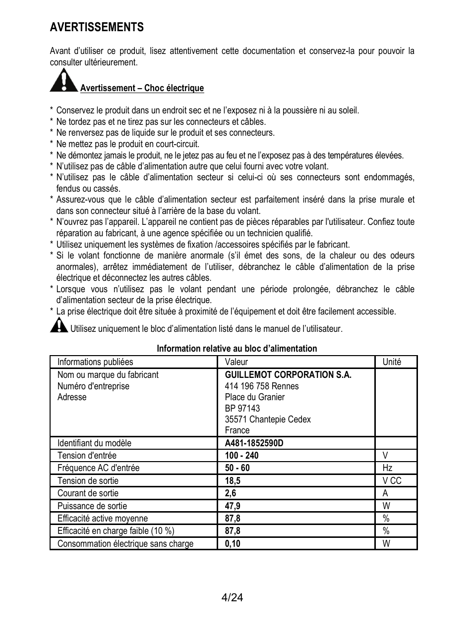 Avertissements | Thrustmaster T128 Racing Wheel and Pedal Set for Xbox Series X/S & PC User Manual | Page 29 / 523