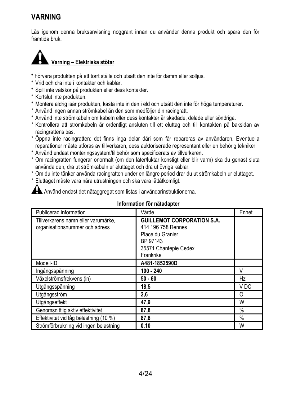 Varning | Thrustmaster T128 Racing Wheel and Pedal Set for Xbox Series X/S & PC User Manual | Page 407 / 523