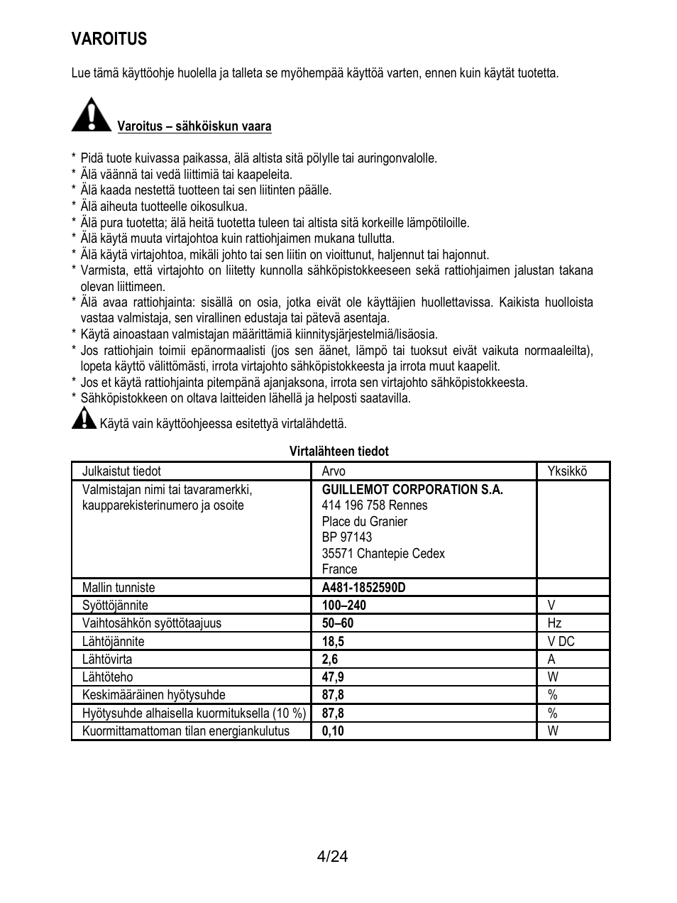 Varoitus | Thrustmaster T128 Racing Wheel and Pedal Set for Xbox Series X/S & PC User Manual | Page 431 / 523