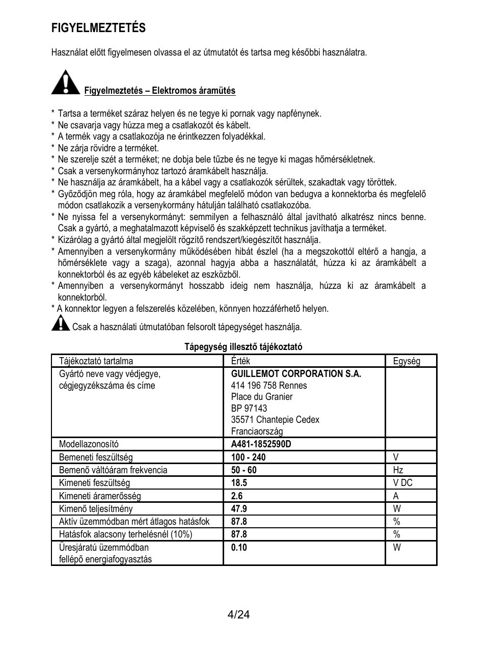 Figyelmeztetés | Thrustmaster T128 Racing Wheel and Pedal Set for Xbox Series X/S & PC User Manual | Page 479 / 523