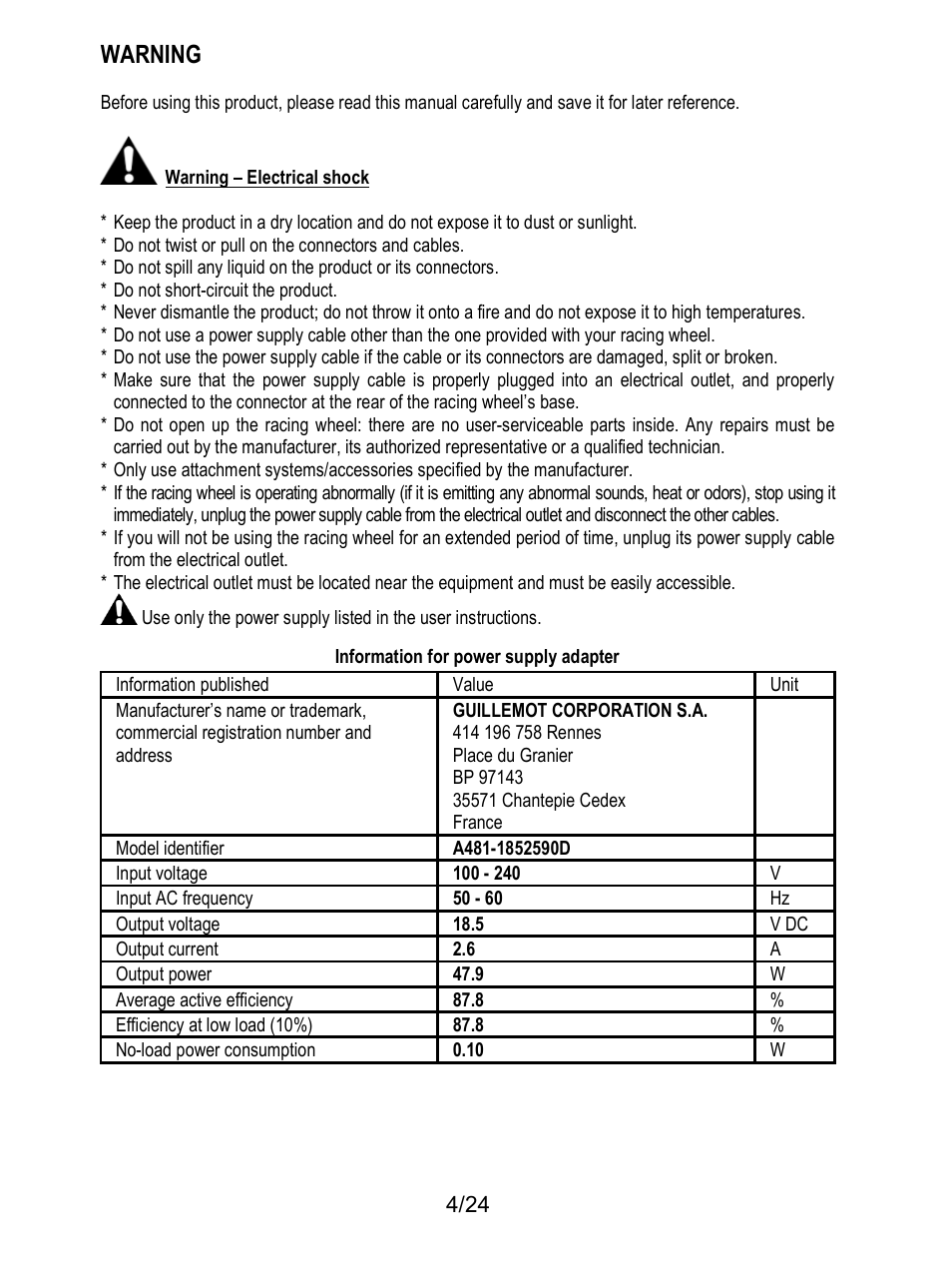 Warning | Thrustmaster T128 Racing Wheel and Pedal Set for Xbox Series X/S & PC User Manual | Page 5 / 523