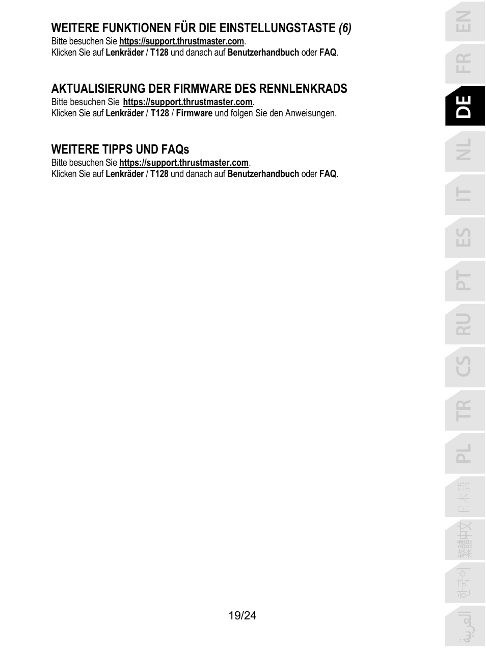 Weitere funktionen für die einstellungstaste (6), Aktualisierung der firmware des rennlenkrads, Weitere tipps und faqs | Thrustmaster T128 Racing Wheel and Pedal Set for Xbox Series X/S & PC User Manual | Page 68 / 523