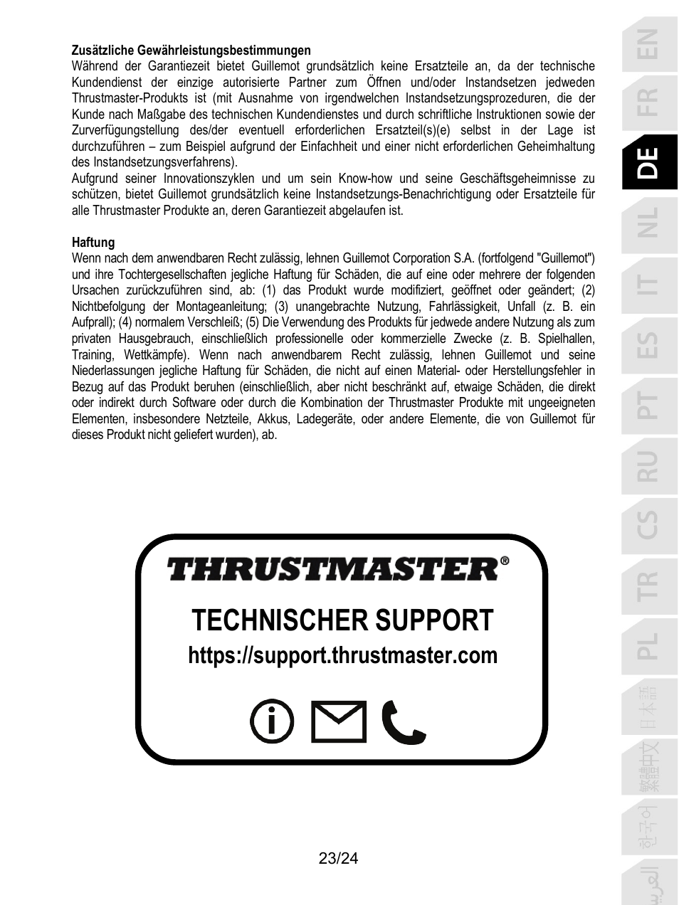 Technischer support | Thrustmaster T128 Racing Wheel and Pedal Set for Xbox Series X/S & PC User Manual | Page 72 / 523