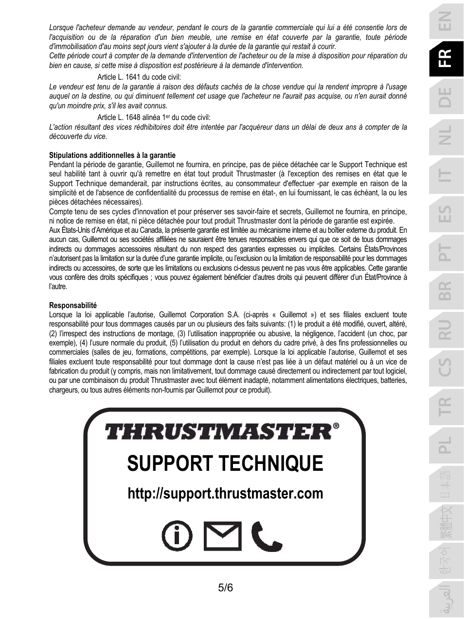 Support technique | Thrustmaster P310 Mod TM Competition Add-On SpWheel User Manual | Page 12 / 95