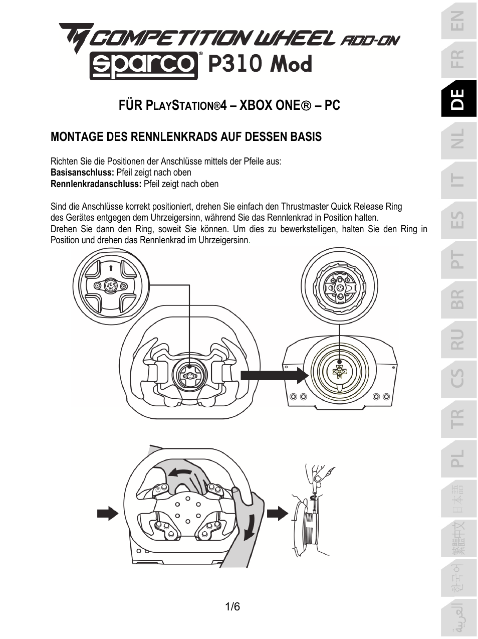 Deu_tm_competition_wheel_add-on_sparco_p310_mod, Deutsch, Für p | 4 – xbox one  – pc | Thrustmaster P310 Mod TM Competition Add-On SpWheel User Manual | Page 14 / 95