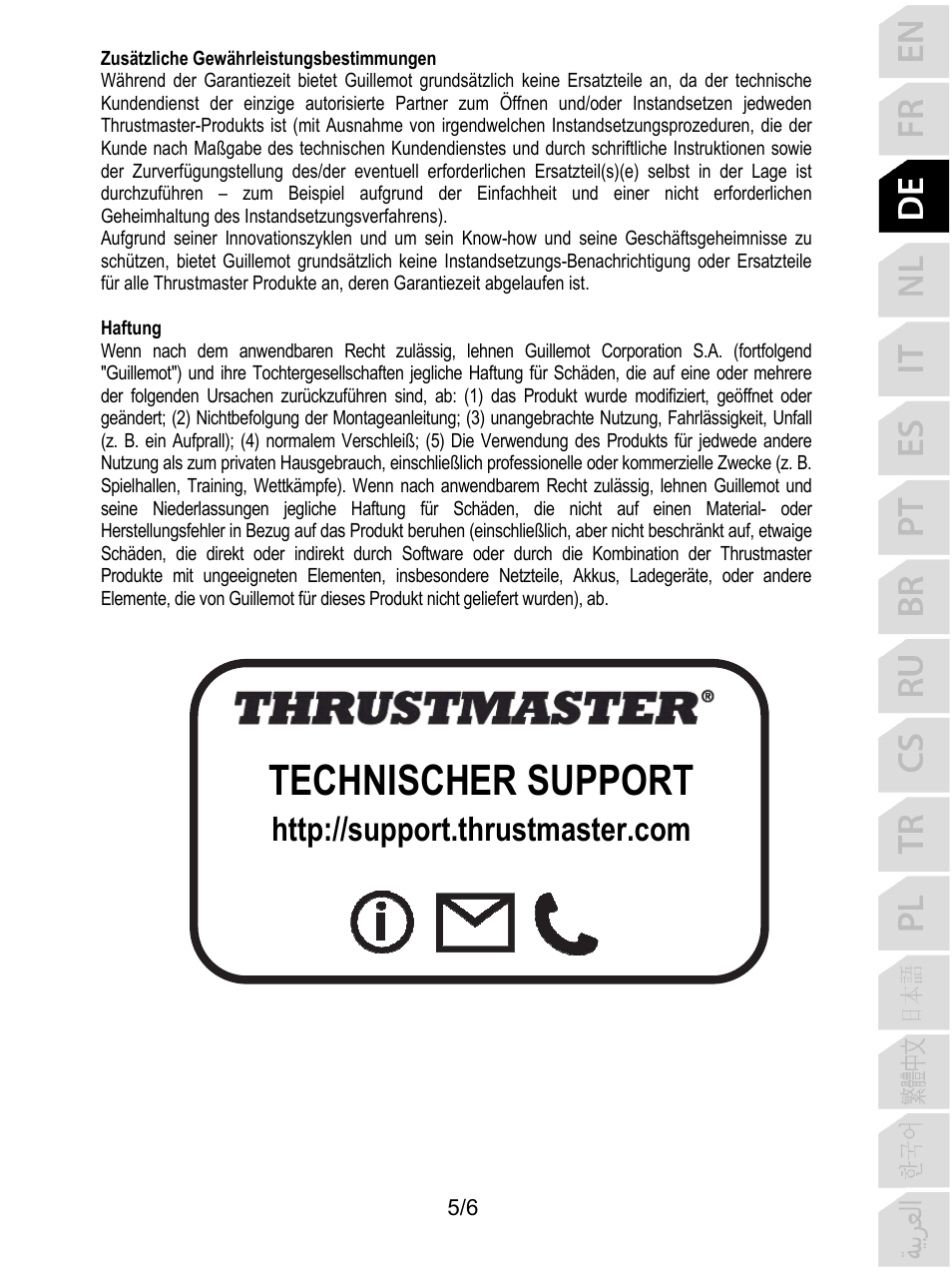 Technischer support | Thrustmaster P310 Mod TM Competition Add-On SpWheel User Manual | Page 18 / 95