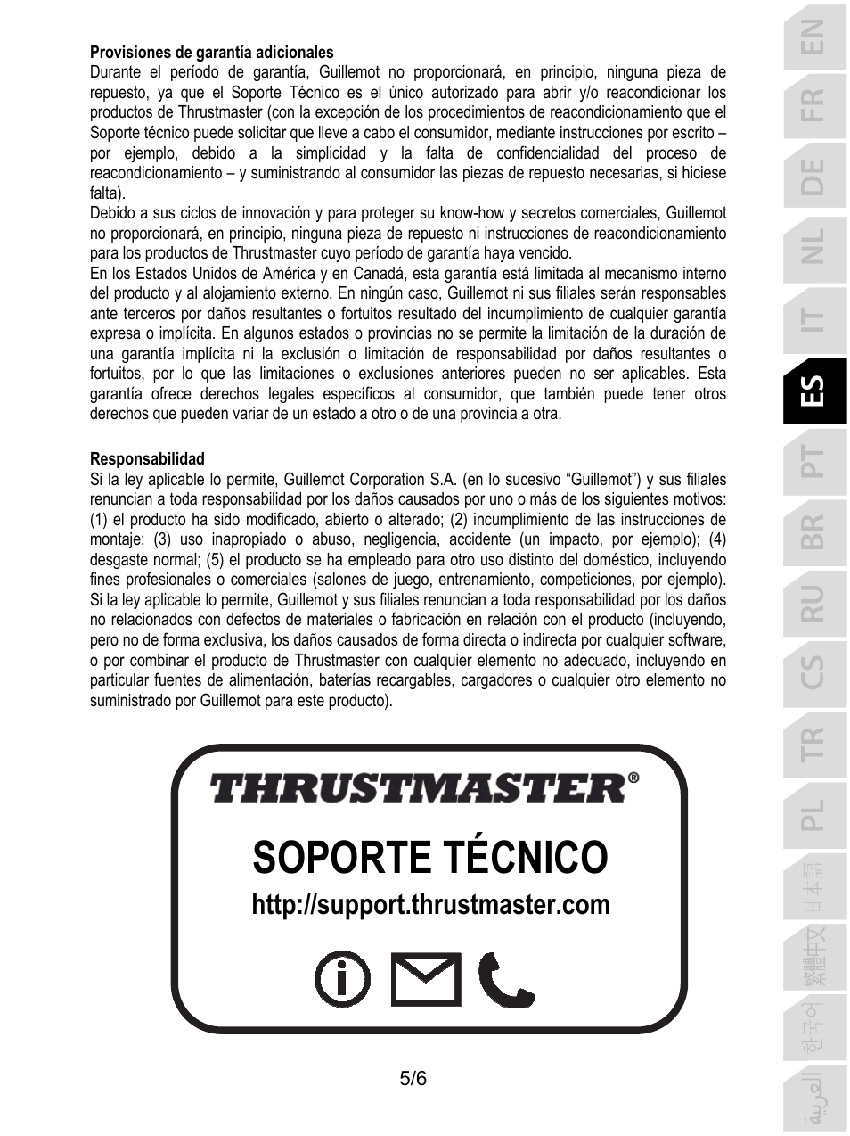 Soporte técnico | Thrustmaster P310 Mod TM Competition Add-On SpWheel User Manual | Page 36 / 95