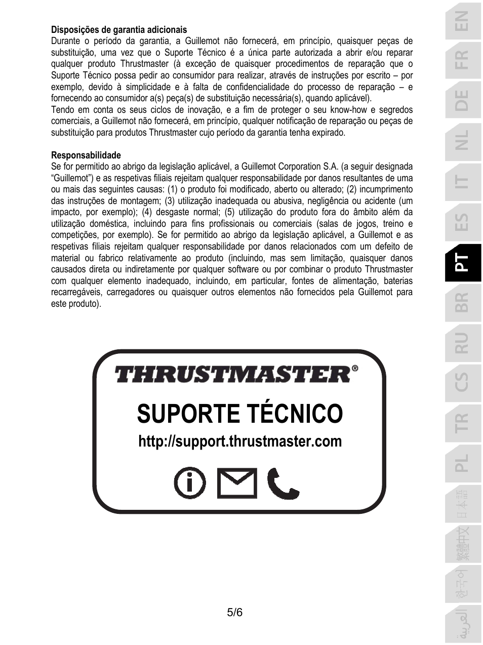 Suporte técnico | Thrustmaster P310 Mod TM Competition Add-On SpWheel User Manual | Page 42 / 95