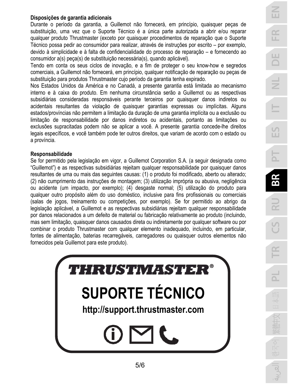 Suporte técnico | Thrustmaster P310 Mod TM Competition Add-On SpWheel User Manual | Page 48 / 95