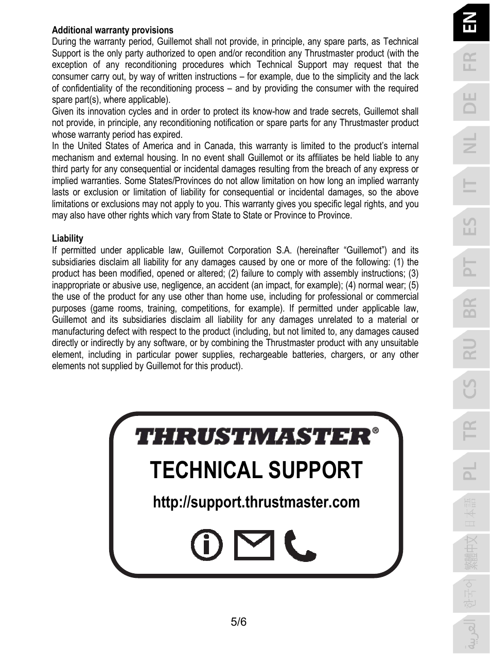 Technical support | Thrustmaster P310 Mod TM Competition Add-On SpWheel User Manual | Page 6 / 95