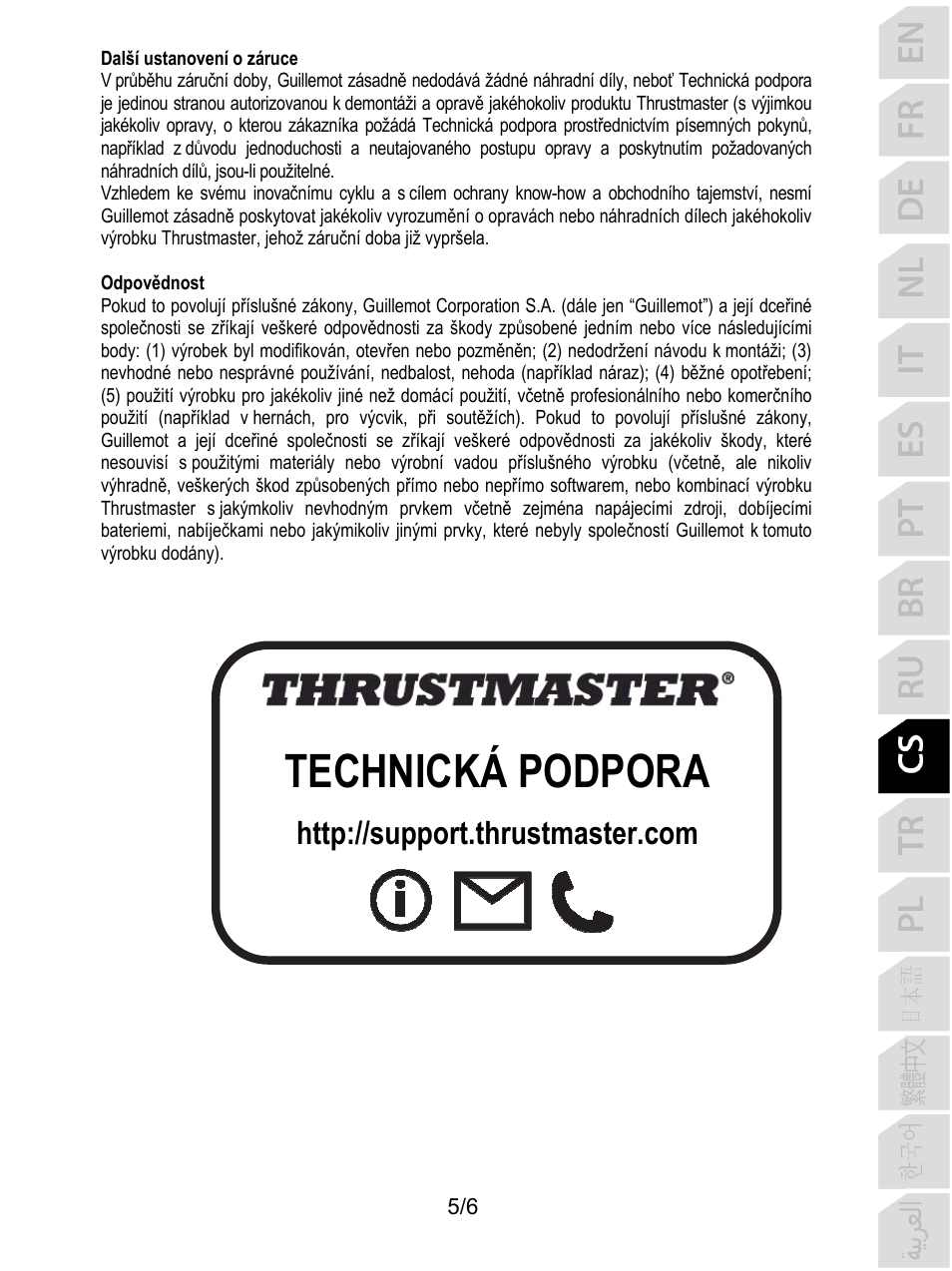 Technická podpora | Thrustmaster P310 Mod TM Competition Add-On SpWheel User Manual | Page 60 / 95