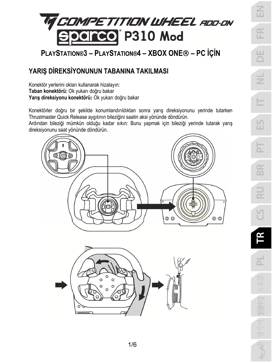 Tur_tm_competition_wheel_add-on_sparco_p310_mod, Türkçe, 3 – p | 4 – xbox one  – pc i̇ ç i̇ n, Yari ş d i̇ reks i̇ yonunun tabanina takilmasi | Thrustmaster P310 Mod TM Competition Add-On SpWheel User Manual | Page 62 / 95