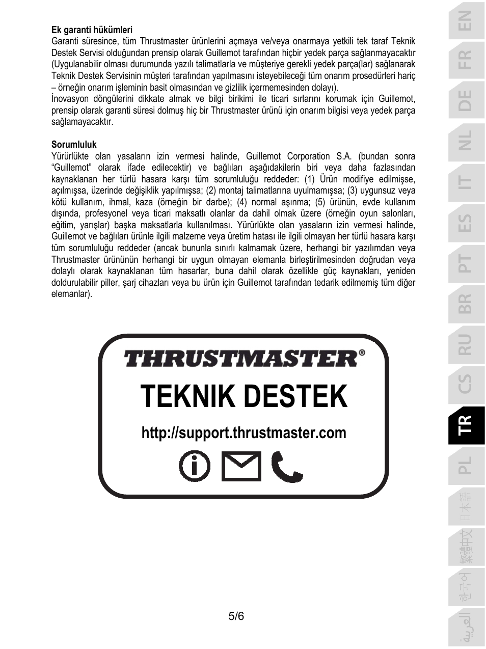 Teknik destek | Thrustmaster P310 Mod TM Competition Add-On SpWheel User Manual | Page 66 / 95