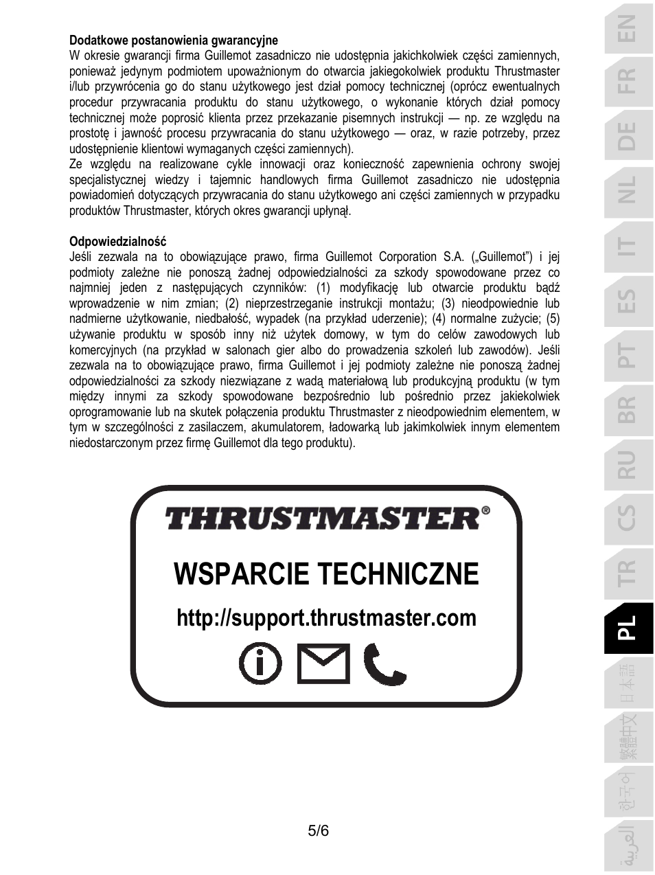 Wsparcie techniczne | Thrustmaster P310 Mod TM Competition Add-On SpWheel User Manual | Page 72 / 95