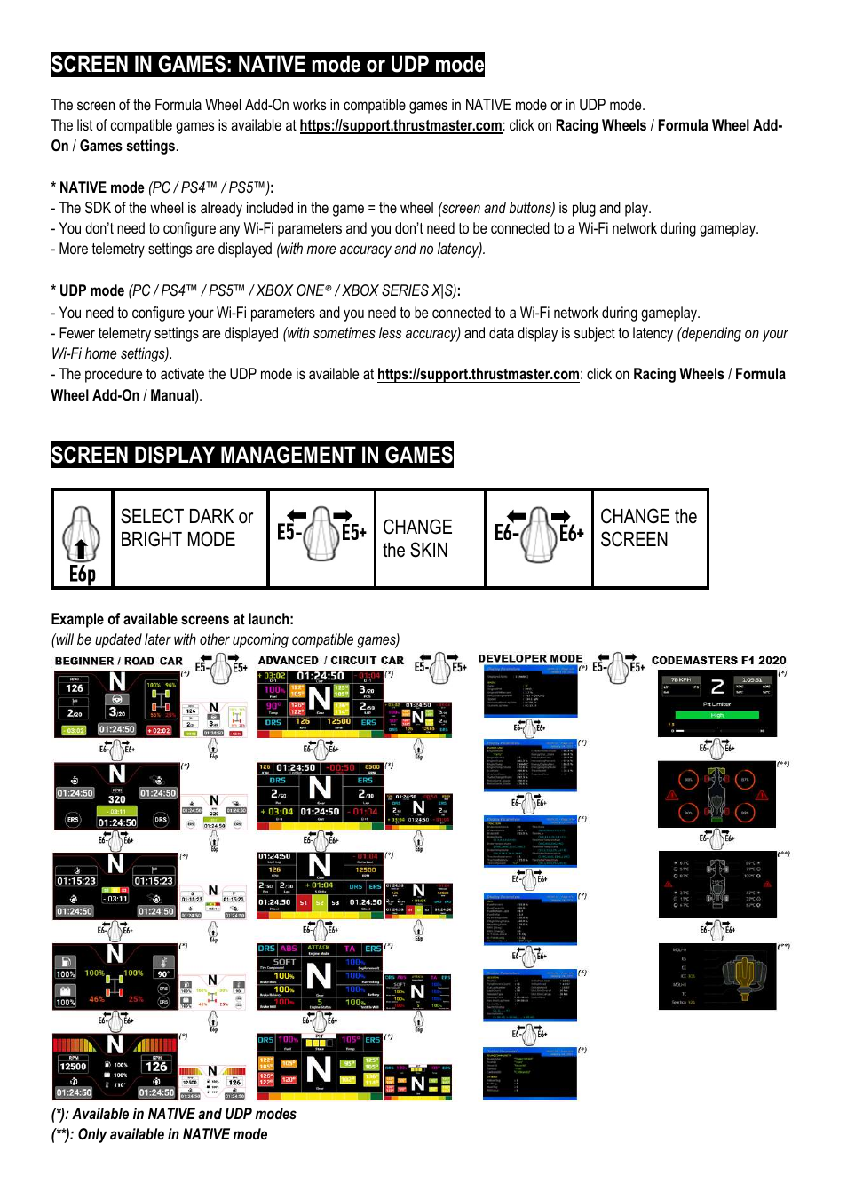 Screen in games: native mode or udp mode, Screen display management in games, Select dark or bright mode | Change the skin, Change the screen | Thrustmaster Add-On Formula Wheel (Ferrari SF1000 Edition) User Manual | Page 11 / 249