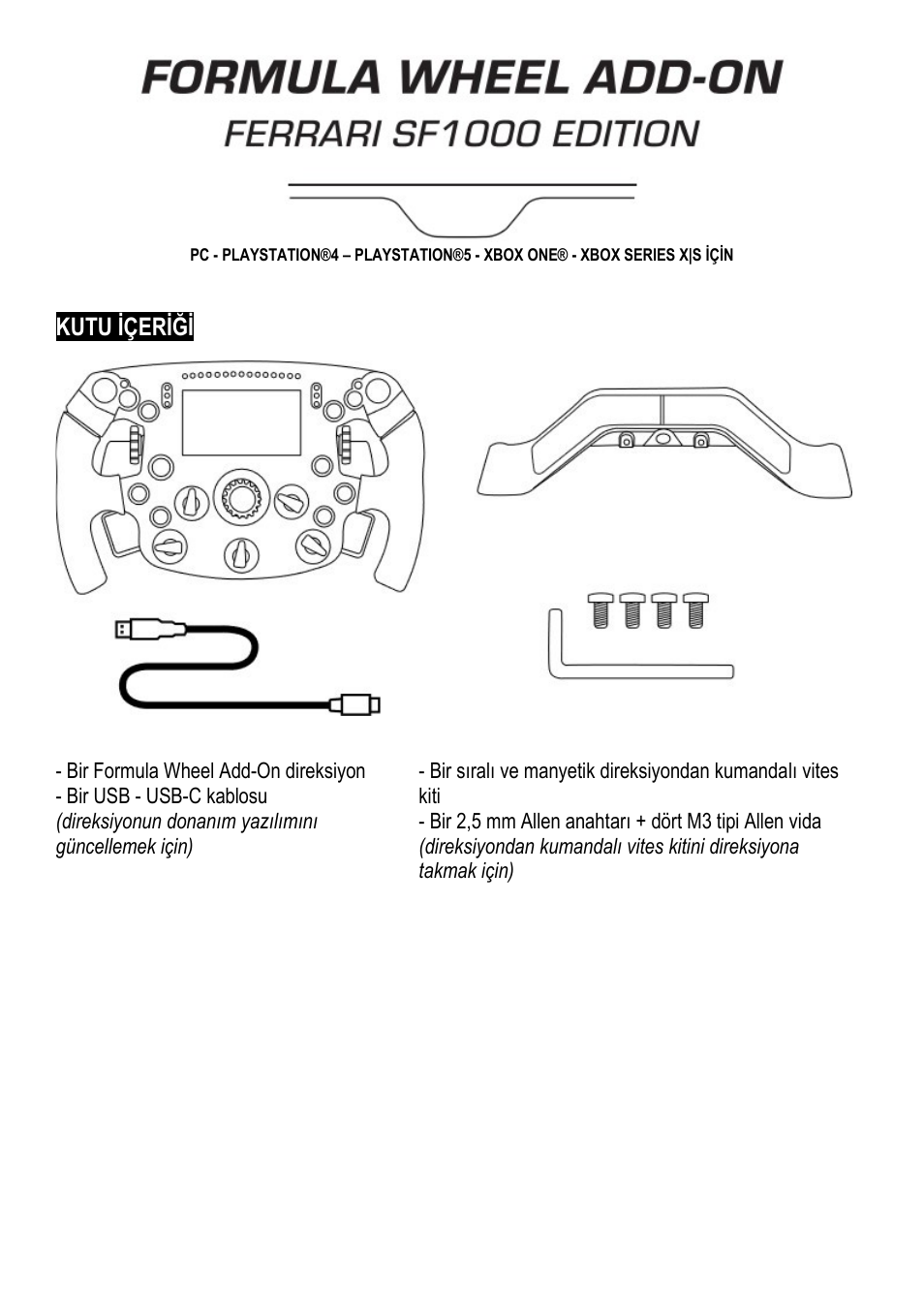 10_tur_formula_wheel_add-on_ferrari_sf1000_edition, Türkçe, Kutu i̇çeri̇ği̇ | Thrustmaster Add-On Formula Wheel (Ferrari SF1000 Edition) User Manual | Page 110 / 249