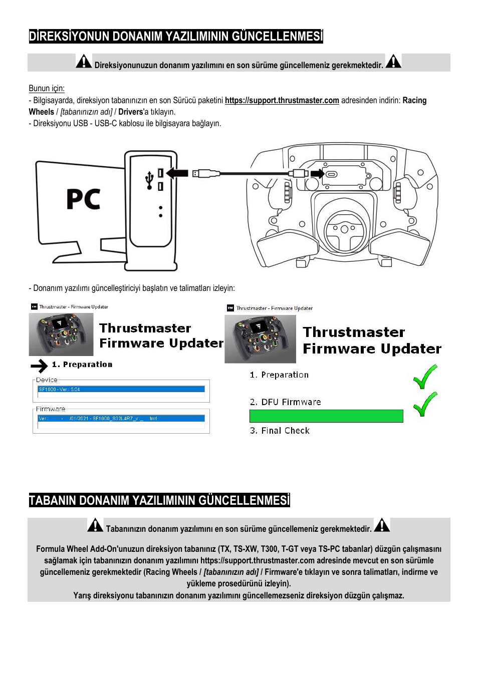 Di̇reksi̇yonun donanim yaziliminin güncellenmesi̇, Tabanin donanim yaziliminin güncellenmesi̇ | Thrustmaster Add-On Formula Wheel (Ferrari SF1000 Edition) User Manual | Page 111 / 249