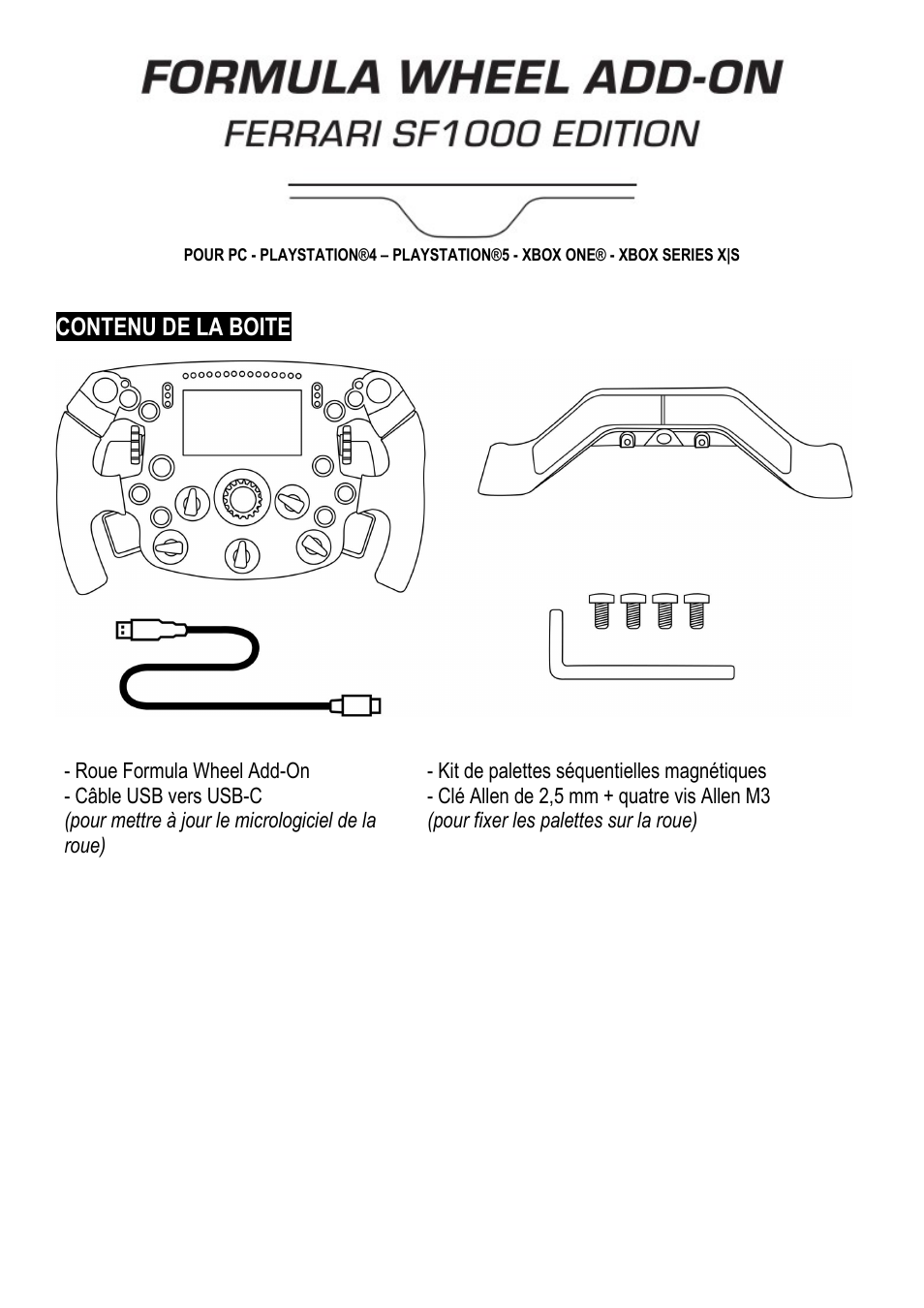 02_fra_formula_wheel_add-on_ferrari_sf1000_edition, Français, Contenu de la boite | Thrustmaster Add-On Formula Wheel (Ferrari SF1000 Edition) User Manual | Page 14 / 249