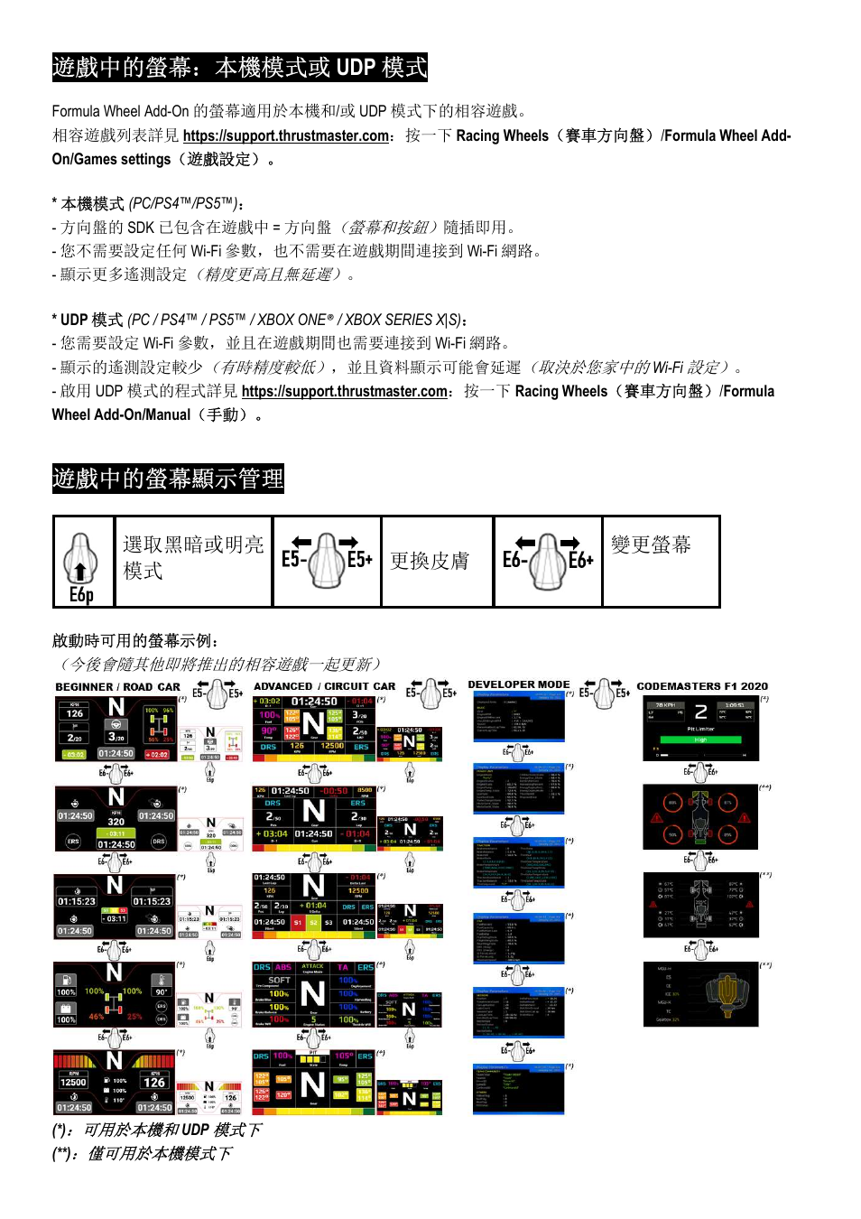 遊戲中的螢幕：本機模式或 udp 模式, 遊戲中的螢幕顯示管理, 選取黑暗或明亮 模式 | 更換皮膚, 變更螢幕 | Thrustmaster Add-On Formula Wheel (Ferrari SF1000 Edition) User Manual | Page 165 / 249