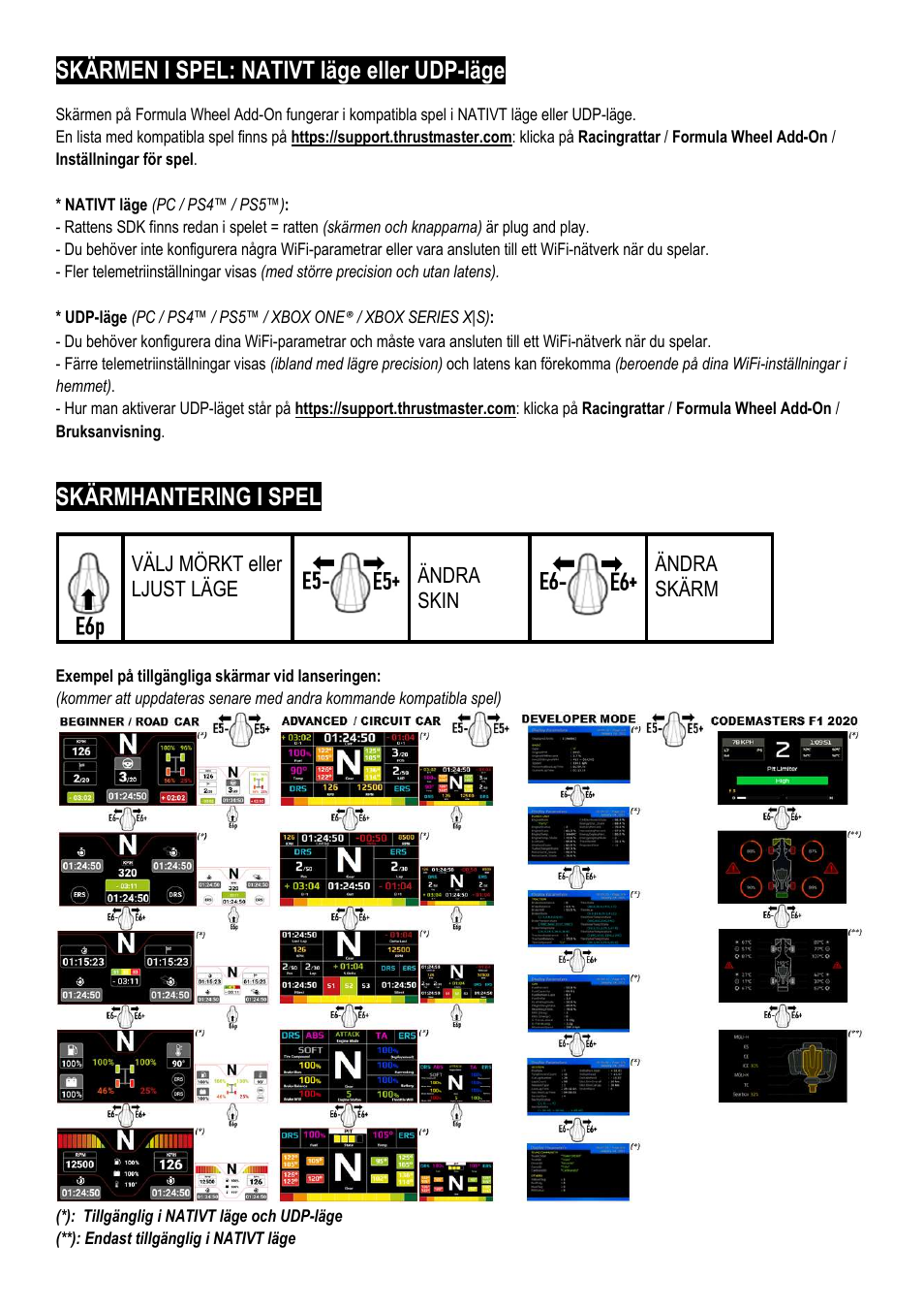 Skärmen i spel: nativt läge eller udp-läge, Skärmhantering i spel, Välj mörkt eller ljust läge | Ändra skin, Ändra skärm | Thrustmaster Add-On Formula Wheel (Ferrari SF1000 Edition) User Manual | Page 187 / 249