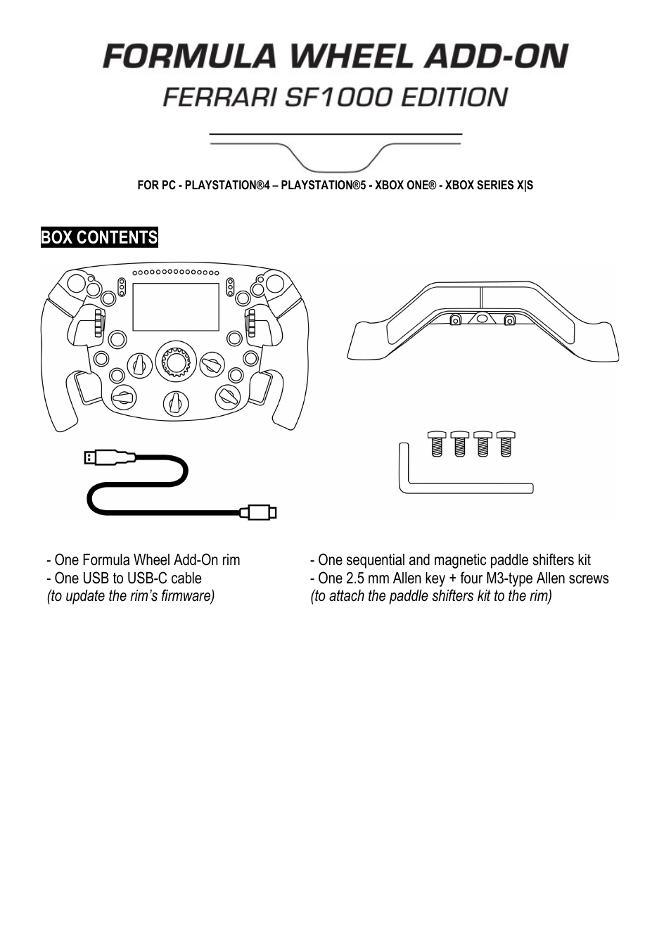 01_eng_formula_wheel_add-on_ferrari_sf1000_edition, English, Box contents | Thrustmaster Add-On Formula Wheel (Ferrari SF1000 Edition) User Manual | Page 2 / 249